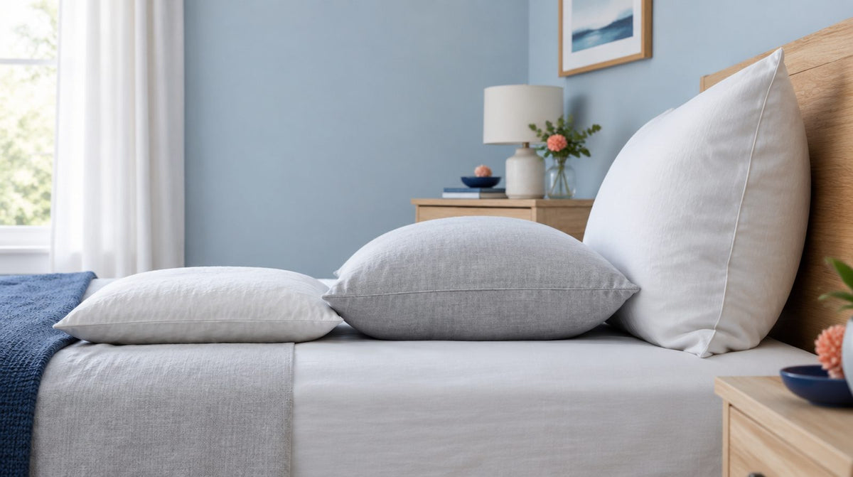 Seitenansicht auf Kopfkissen unterschiedlicher Höhe auf einem Bett, Kopfkissen-Höhe im Vergleich