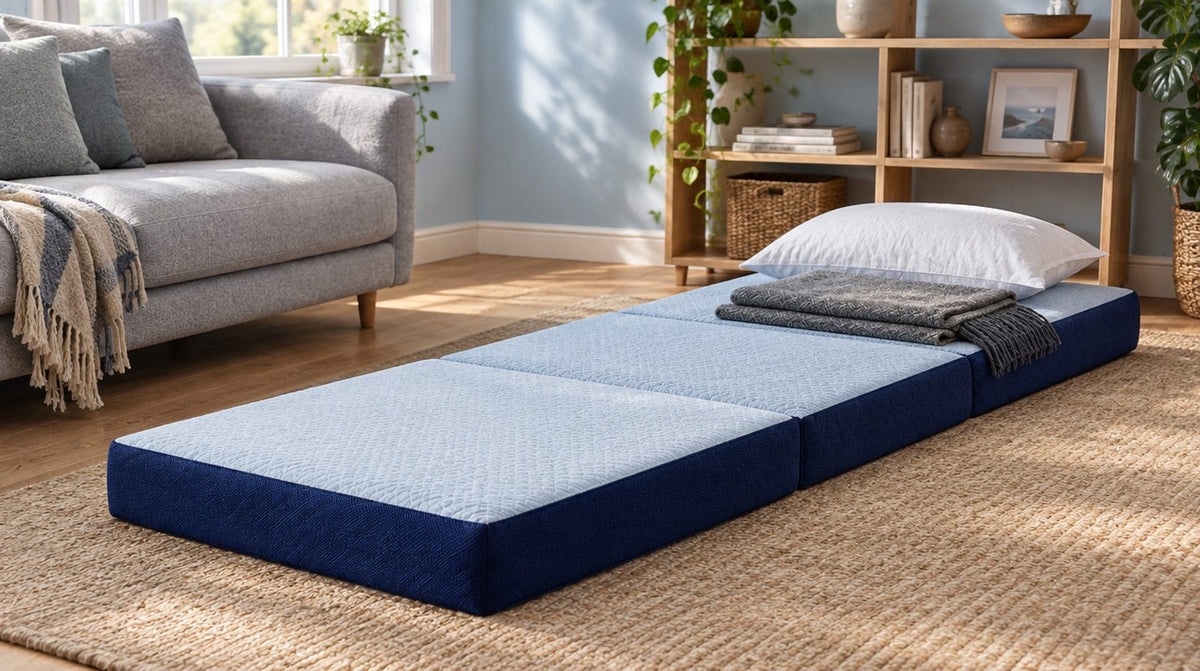 Ausgeklappte 3-teilige Klappmatratze mit Kissen und Decke als Gästebett im Wohnzimmer